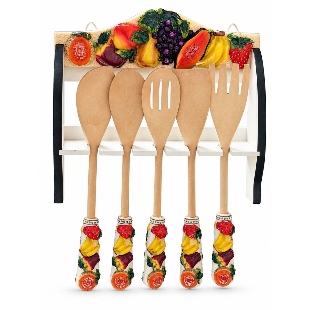Vintage Fruit Kitchen Utensil Rack 5 Wooden Spoons Wall Mount Tuscan Decor
